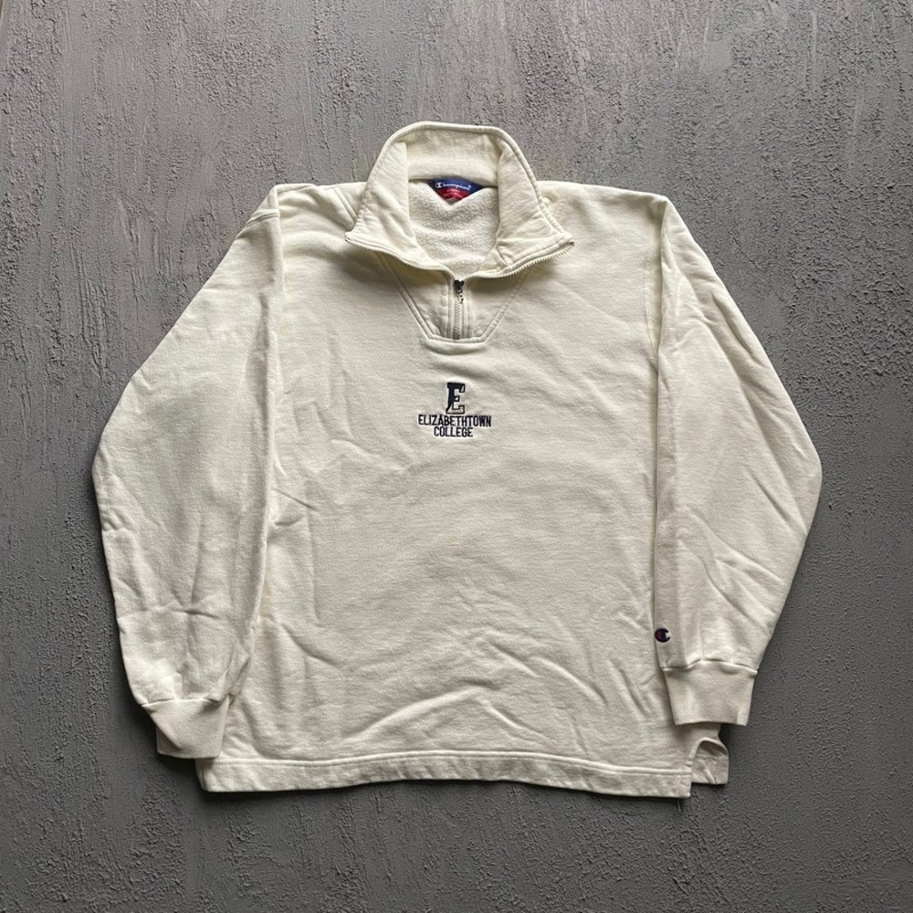 Vintage Elizabethtown College Quarter Zip Pullover Mens XL Cream 90s Champion
